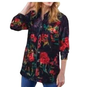 Soft Surroundings Jardin Black Floral Velvet Button-Up Women's Top